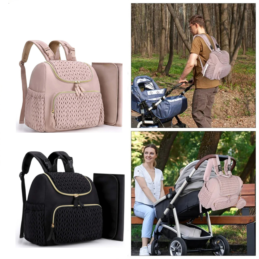 Backpack Diaper Bag - 大容量マタニティおむつバッグバックパックニット柄ベビーおむつバックパック、屋外旅行用おむつ替えパッド付き、ベビーカー吊り下げ可能